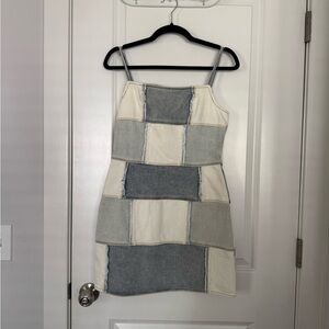 Vestique Denim Patchwork Mini Dress in Blue and Cream